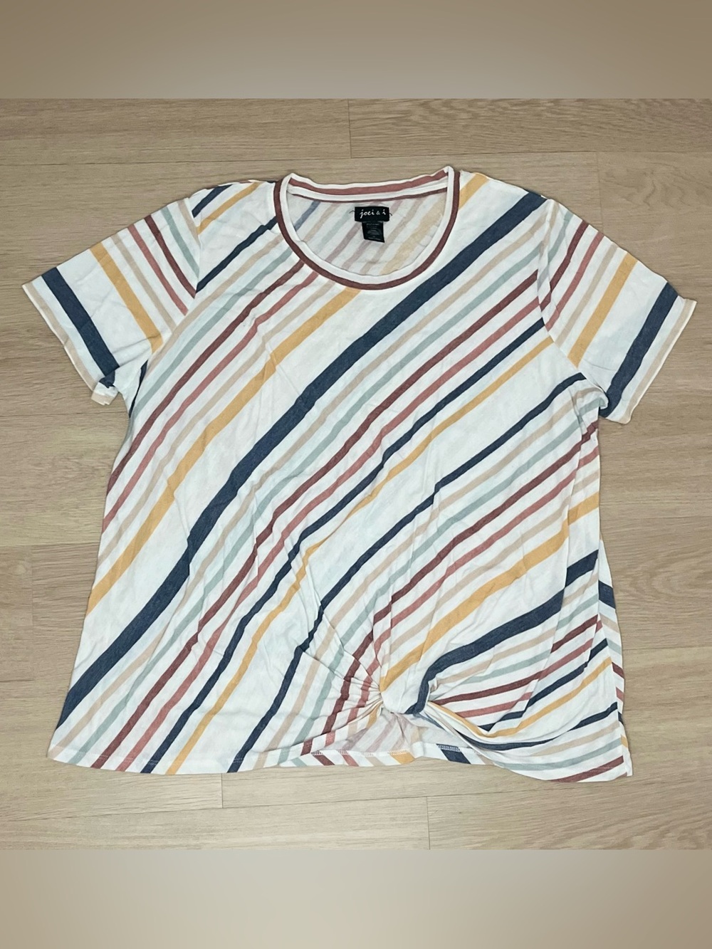 Joei & I Striped Twist Front Tee - White with Blue, Mustard Stripes Size 3X
